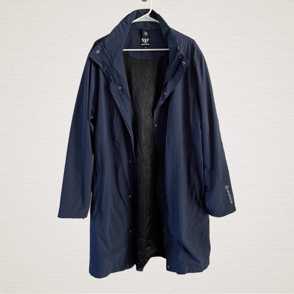 Sunice Mens Large Alan Full Length Coach Coat Navy Blue Windbreaker Jacket Long
